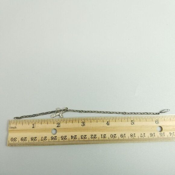 Vintage Rhinestone Cross Charm Bracelet, Silver Tone, Clasp Marked Ster - Picture 5 of 7